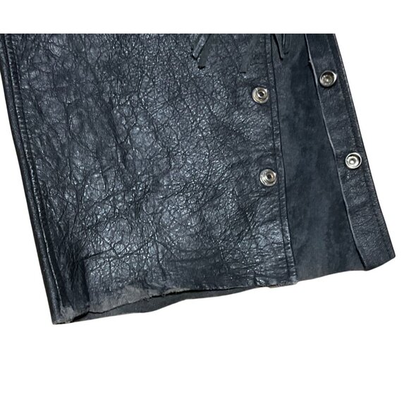 Black Fringe Leather Motorcycle Chaps Sz 3XL Adjustable Waist Unisex Distressed - Picture 6 of 8